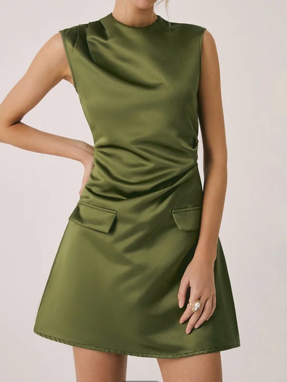 Commense Olive Green Sleeveless Satin Mini Dress